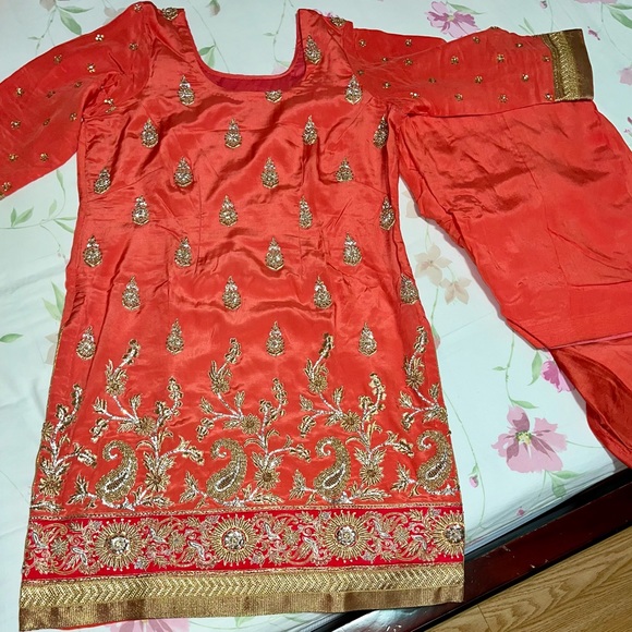 peachy orange punjabi suit with full heavy embroidery and patiyala salwar - Picture 2 of 7